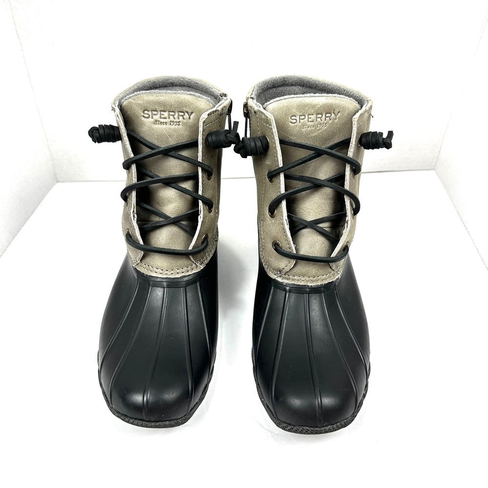 Sperry Saltwater Duck Boots Black Tan Leather Rain Boots Women 8 STS81732 Winter